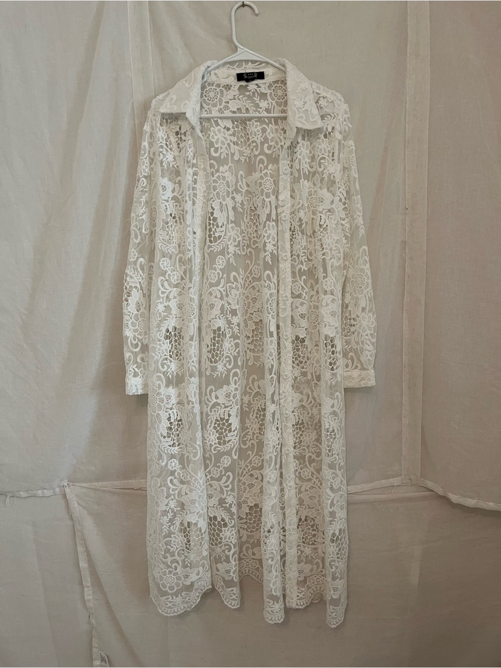 White Floral Lace Trench Coat - Sheer Long Lace Duster